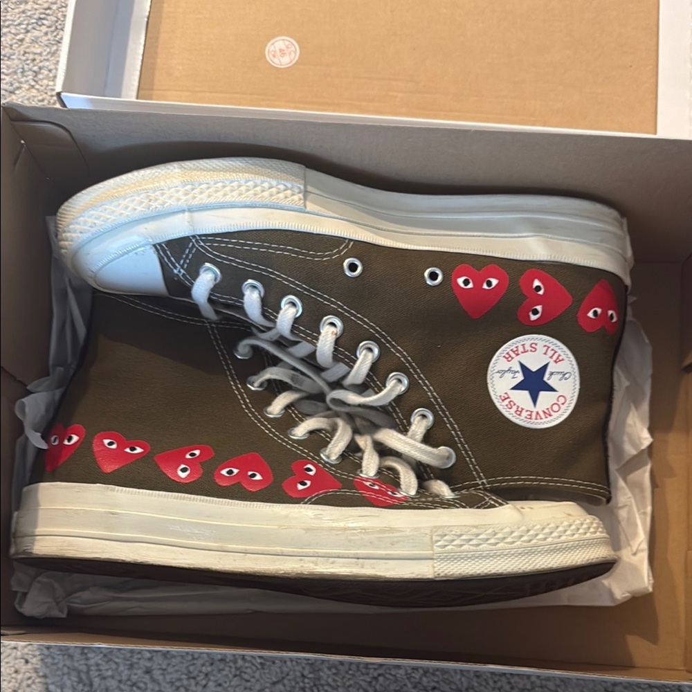 Comme des Garcons Converse Olive High-Tops with Red Heart Accents
